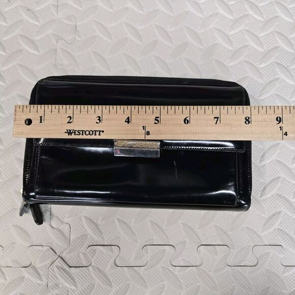 Vintage St John Clutch Purse Wallet Black Patent Leather Gold Tone Logo Italy